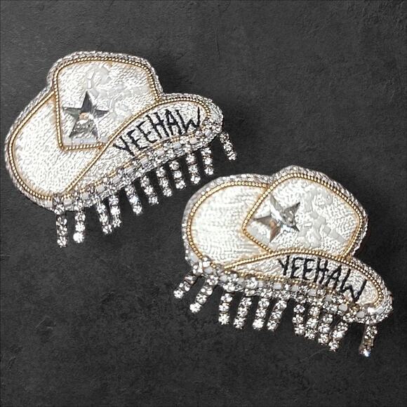 Embroidered Rhinestone Yeehaw White Cowgirl Hat Statement Earrings By Dos Femmes - Picture 2 of 6